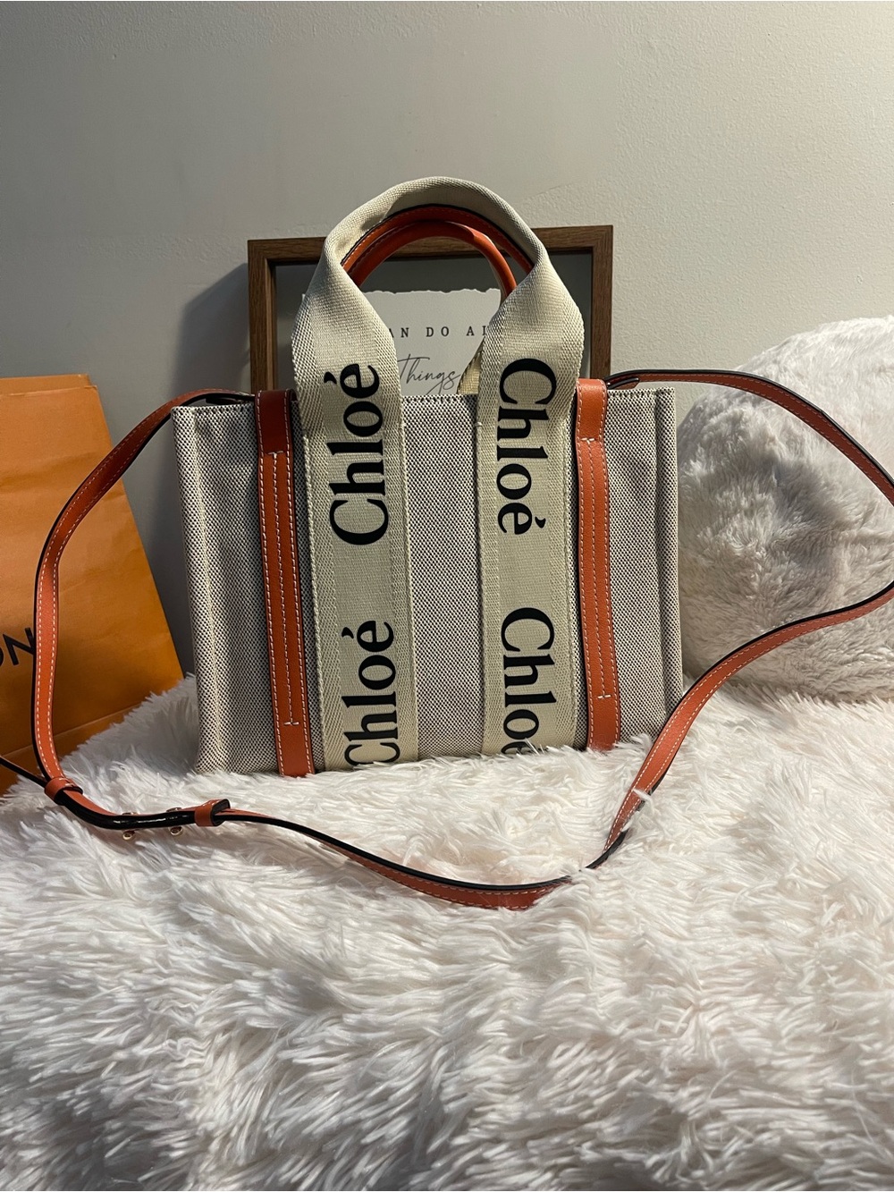 Chloé Canvas Logo Tote with Tan Leather Trim